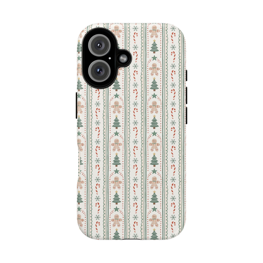 Gingerbread Stripe Tough iPhone Case, Sage Green Christmas Tree Holiday Phone Cover, Matte or Glossy