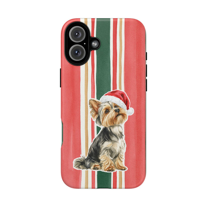 Yorkshire Terrier Christmas Tough iPhone Case, Classic Red Green Stripes, Santa Dog Phone Cover