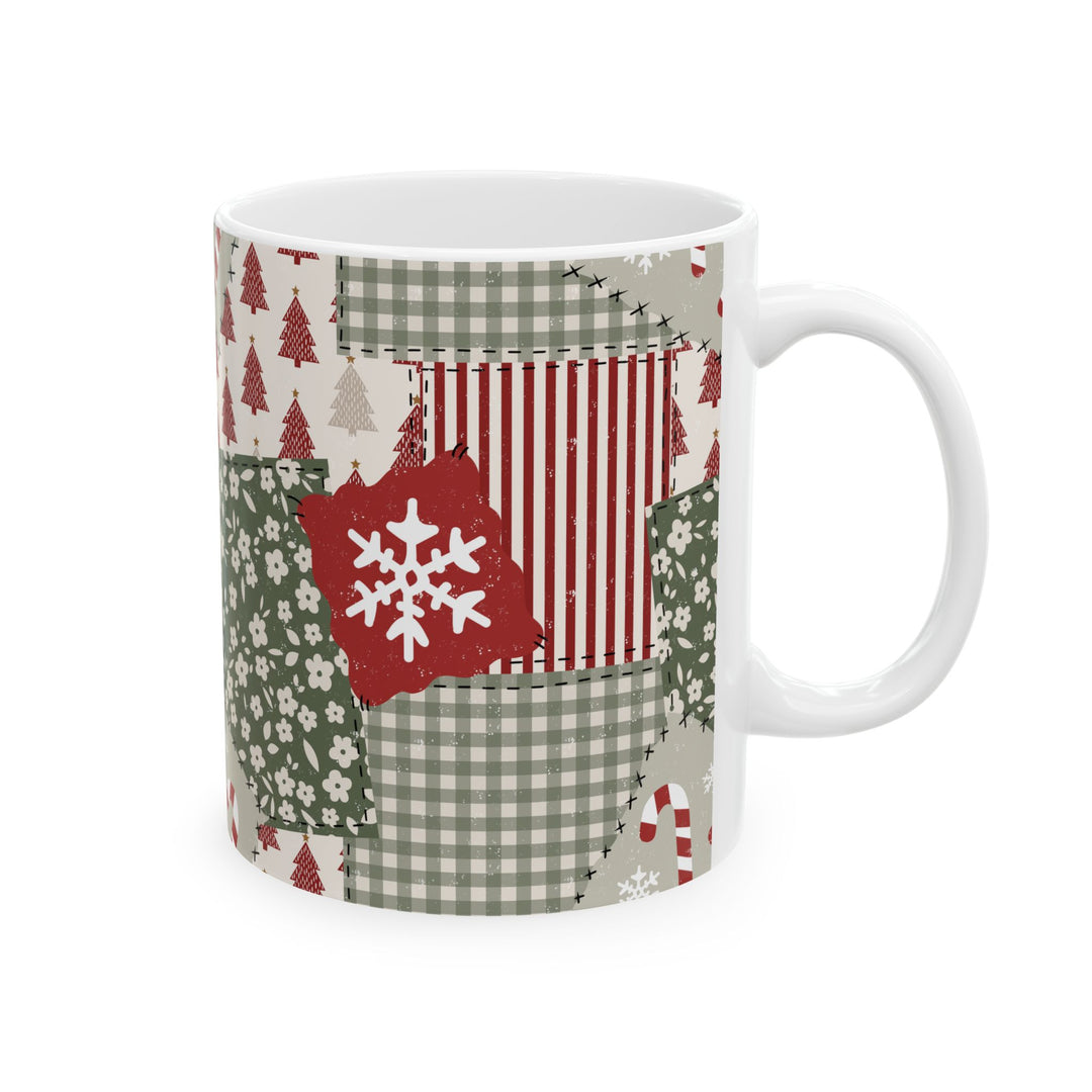Christmas Patchwork Ceramic Mug, Red Sage Floral Gingham Coffee Cup, Rustic Holiday Gift, 11oz and 15oz