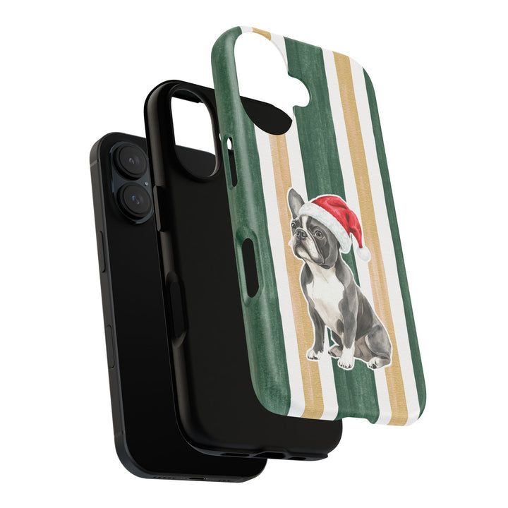 French Bulldog Christmas Tough iPhone Case, Green Gold Stripes, Santa Dog Phone Cover