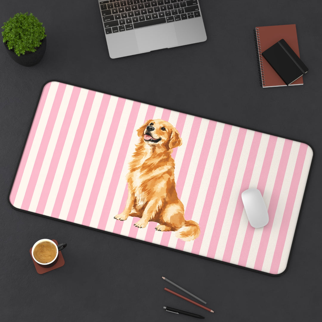 Golden Retriever Desk Mat, Pink Stripe Dog Mouse Pad, Golden Retriever Mom Gift