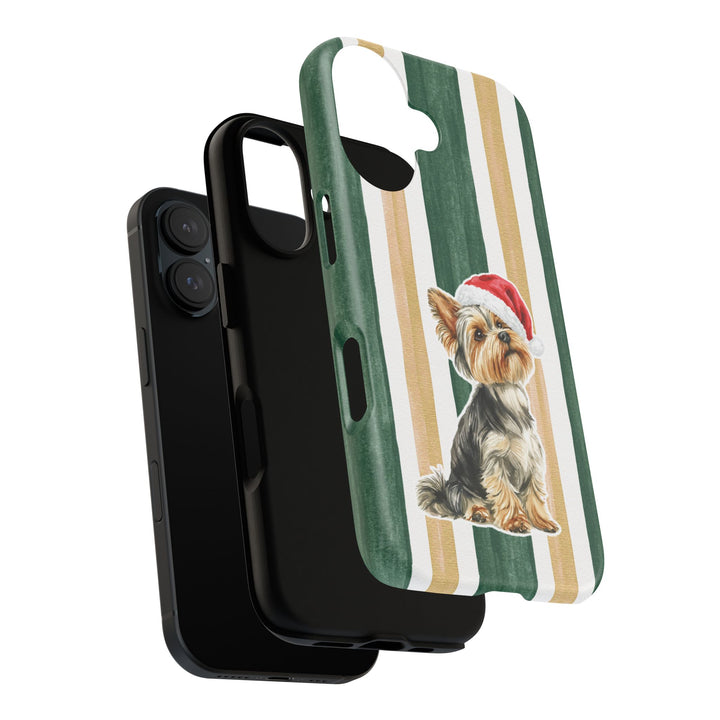 Yorkshire Terrier Christmas Tough iPhone Case, Green Gold Stripes, Santa Dog Phone Cover