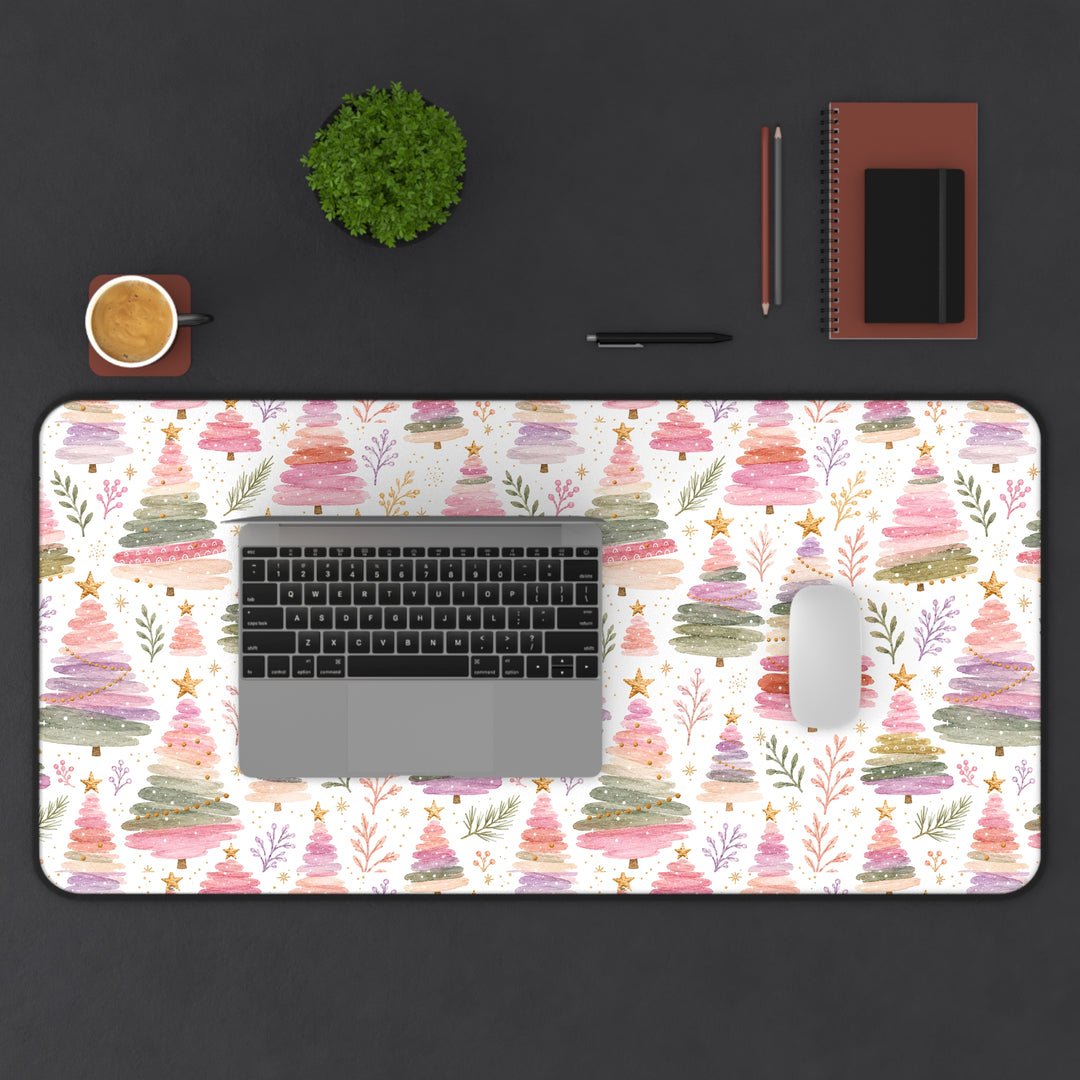 Pastel Watercolor Christmas Tree Desk Mat, Pink Sage Lavender Holiday Desk Pad, Cozy Office Decor