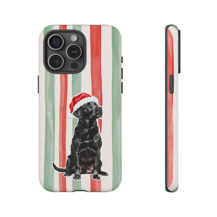 Black Labrador Christmas Tough iPhone Case, Red Sage Stripes, Santa Dog Phone Cover