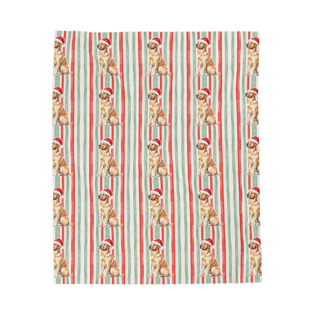 Yellow Labrador Christmas Velveteen Plush Blanket, Red Sage Stripes, Santa Dog Throw