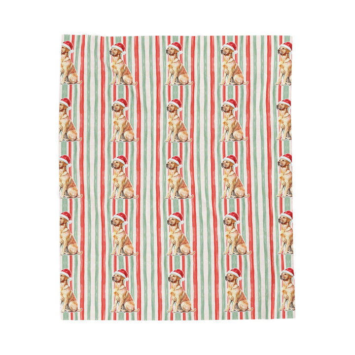 Yellow Labrador Christmas Velveteen Plush Blanket, Red Sage Stripes, Santa Dog Throw