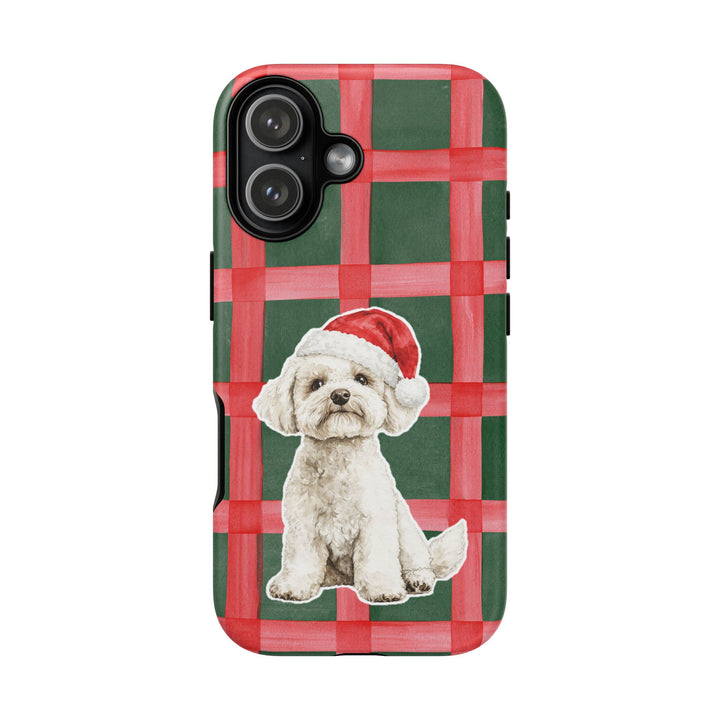 Maltese Christmas Tough iPhone Case, Red Green Plaid, Santa Dog Phone Cover