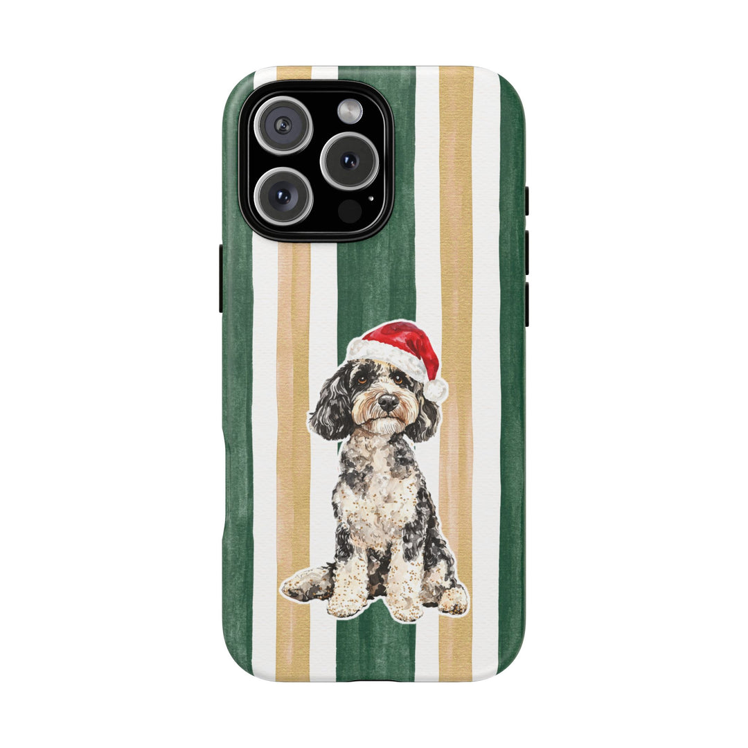 Doodle Christmas Tough iPhone Case, Green Gold Stripes, Santa Dog Phone Cover