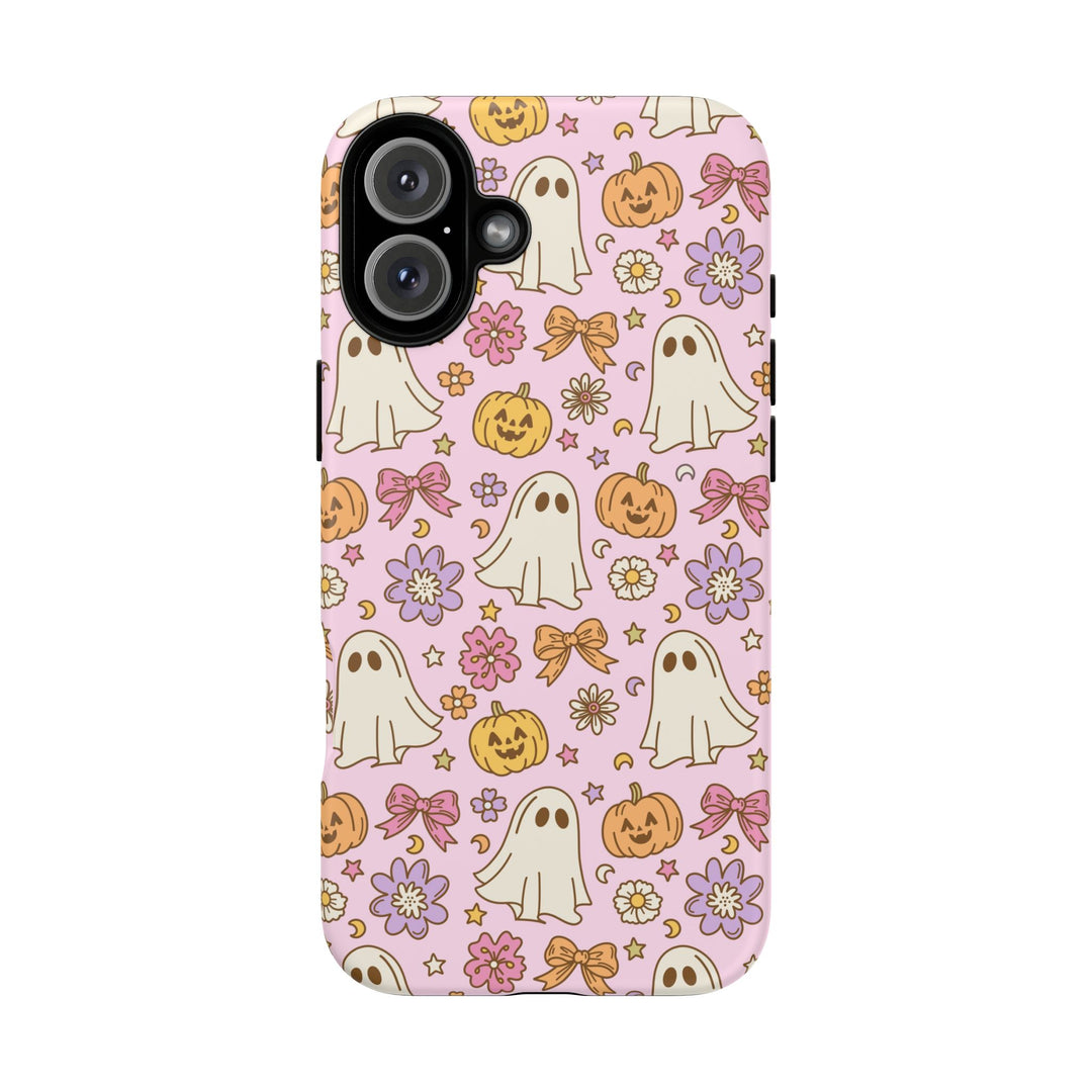 Vintage Ghost Floral Tough iPhone Case, Pink Halloween Pumpkin Bow Phone Cover, Matte or Glossy