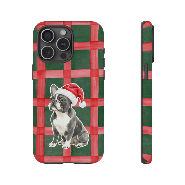French Bulldog Christmas Tough iPhone Case, Red Green Plaid, Santa Dog Phone Cover