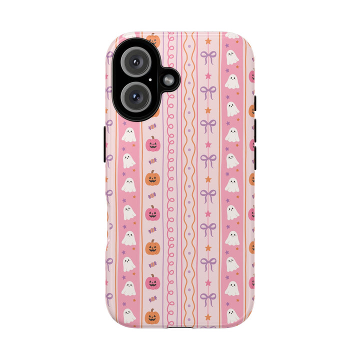 Pastel Halloween Stripe Tough iPhone Case, Pink Ghost Pumpkin Lavender Bow Phone Cover, Matte or Glossy