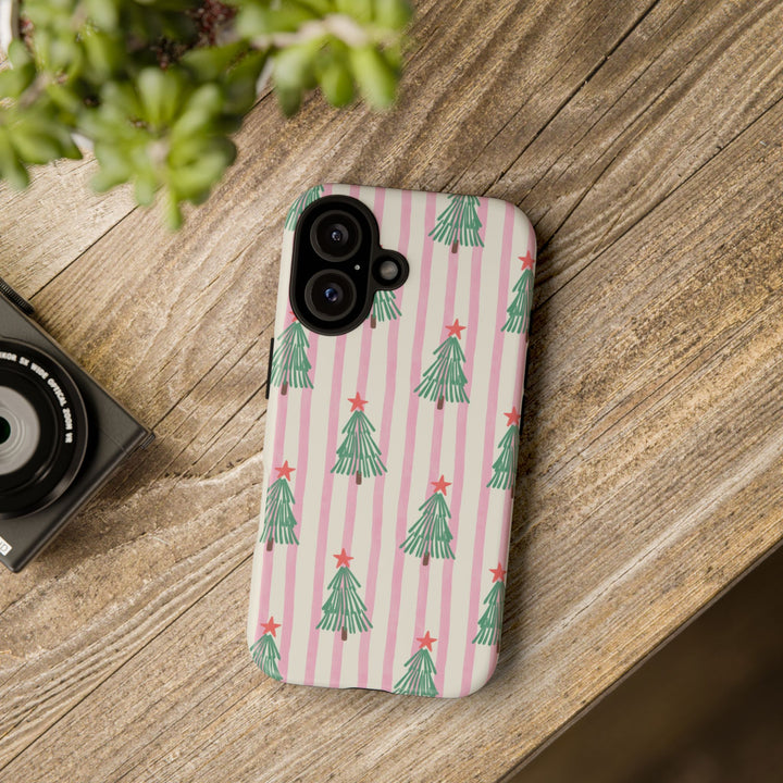 Retro Christmas Tree Tough iPhone Case, Pink Stripe Green Tree Holiday Phone Cover, Matte or Glossy