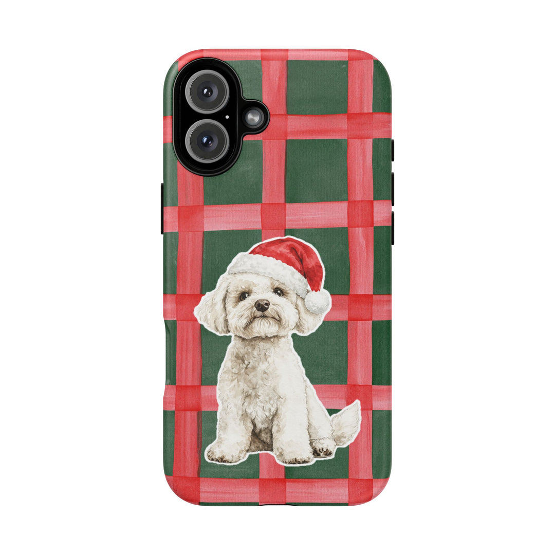 Maltese Christmas Tough iPhone Case, Red Green Plaid, Santa Dog Phone Cover