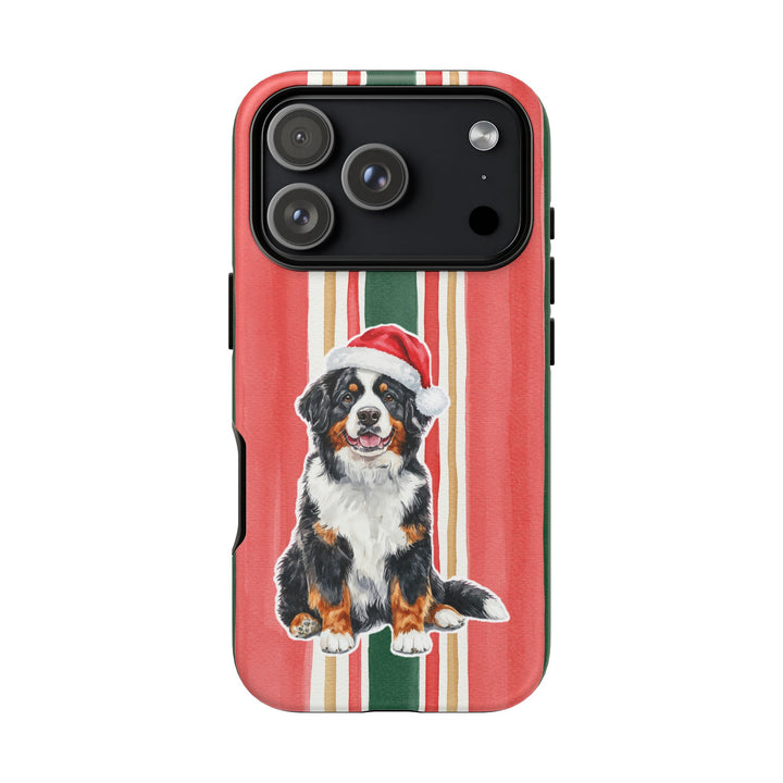 Bernese Mountain Dog Christmas Tough iPhone Case, Classic Red Green Stripes, Santa Dog Phone Cover