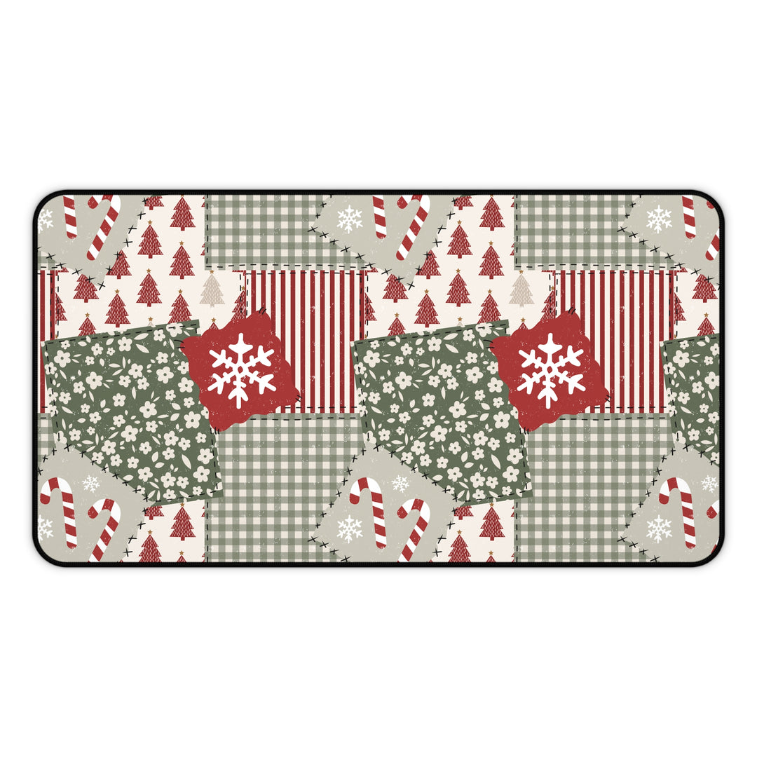 Christmas Patchwork Desk Mat, Red and Sage Floral Gingham Desk Pad, Holiday Large Mouse Pad
