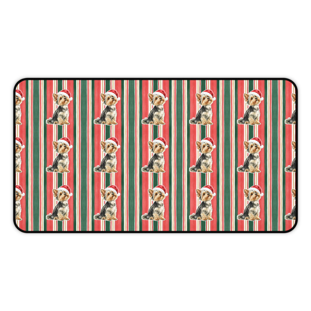 Yorkshire Terrier Christmas Desk Mat, Classic Red Green Stripes, Santa Dog Desk Pad