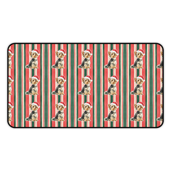 Yorkshire Terrier Christmas Desk Mat, Classic Red Green Stripes, Santa Dog Desk Pad