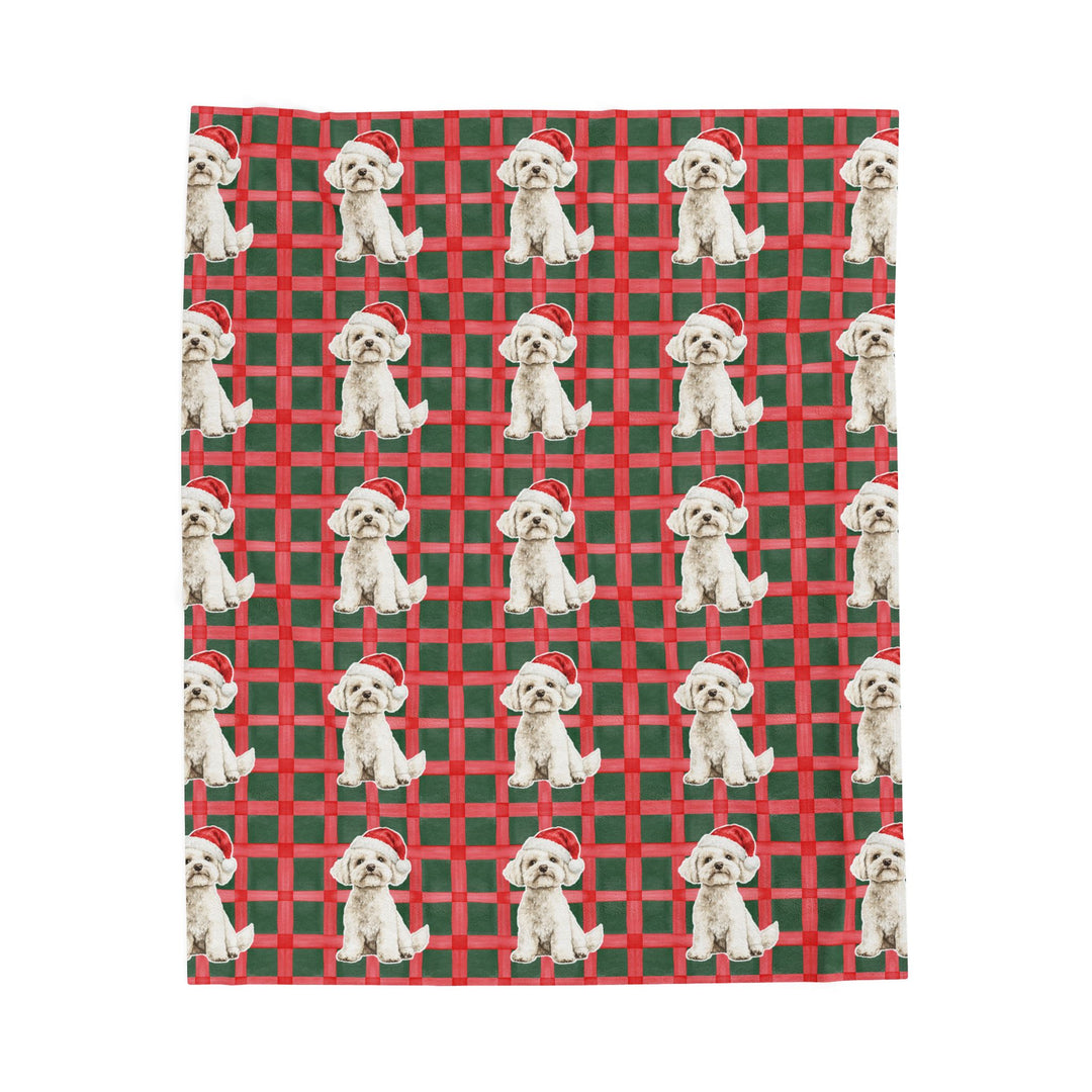 Maltese Christmas Velveteen Plush Blanket, Red Green Plaid, Santa Dog Throw