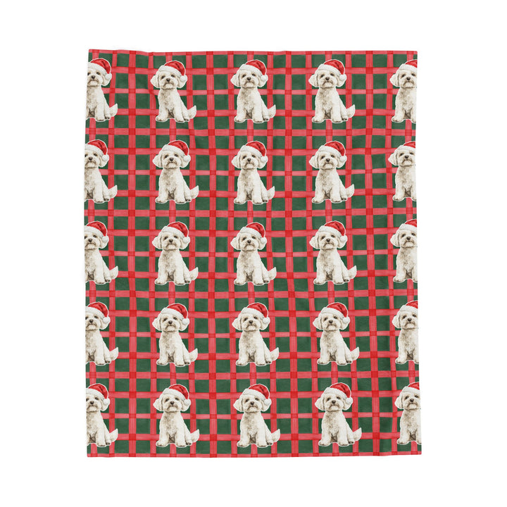 Maltese Christmas Velveteen Plush Blanket, Red Green Plaid, Santa Dog Throw