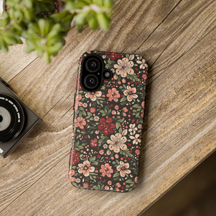 Retro Christmas Floral Tough iPhone Case, Dark Botanical Pink Red Flower Phone Cover, Matte or Glossy