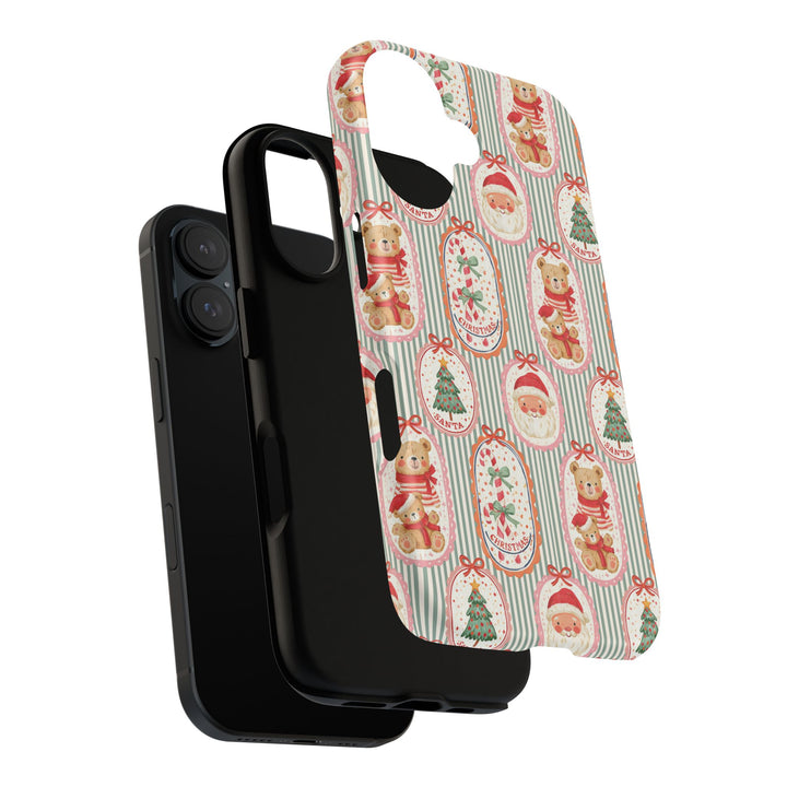 Vintage Santa Teddy Bear Tough iPhone Case, Christmas Candy Cane Green Stripe Phone Cover, Matte or Glossy