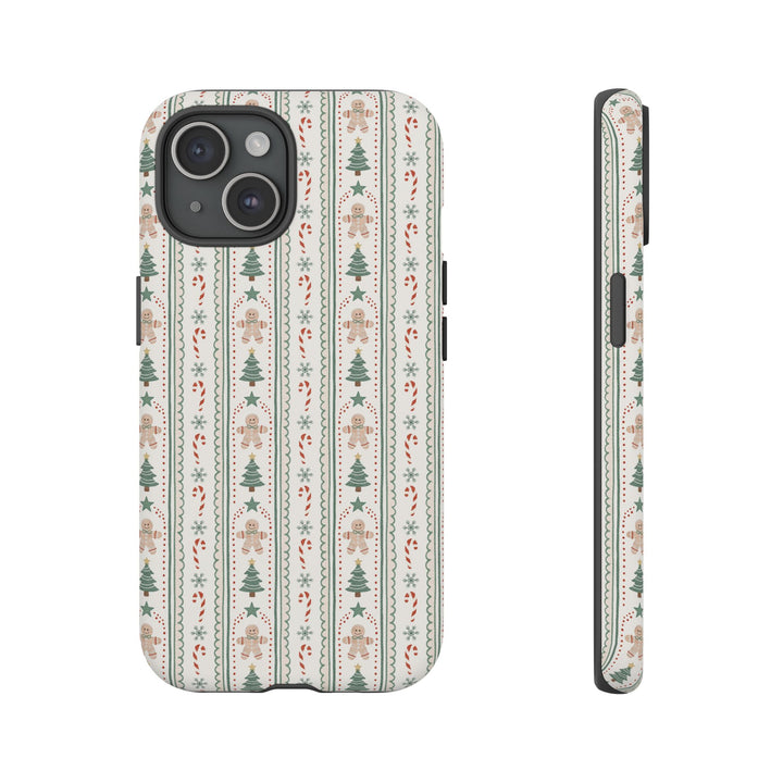Gingerbread Stripe Tough iPhone Case, Sage Green Christmas Tree Holiday Phone Cover, Matte or Glossy