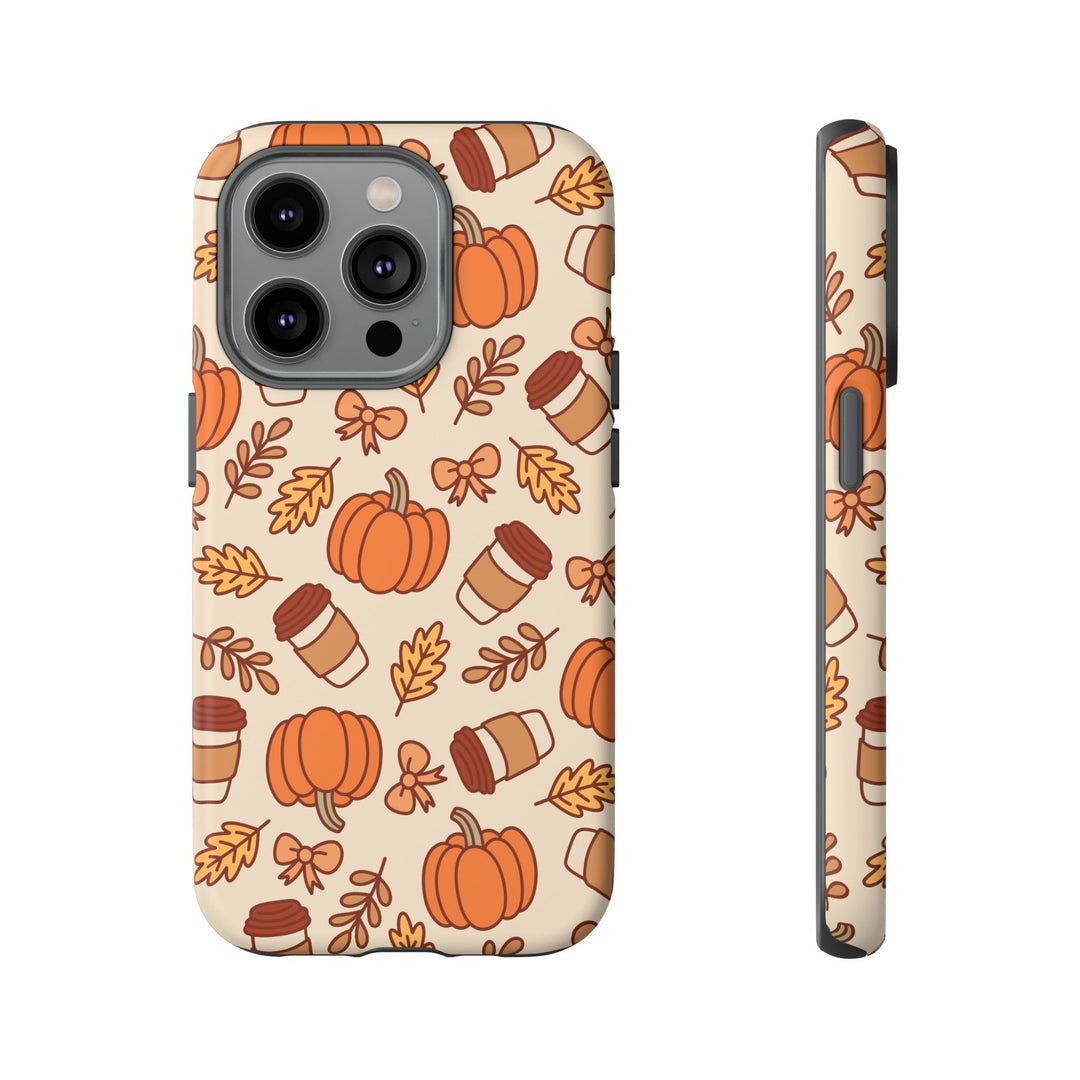 Pumpkin Coffee Tough iPhone Case, Fall Leaves and Bows Autumn Phone Cover, Matte or Glossy
