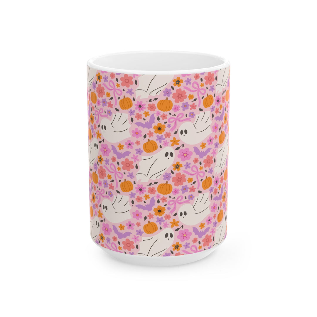 Pink Floral Ghost Ceramic Mug, Cute Halloween Pumpkin Coffee Cup, Pastel Spooky Gift, 11oz and 15oz