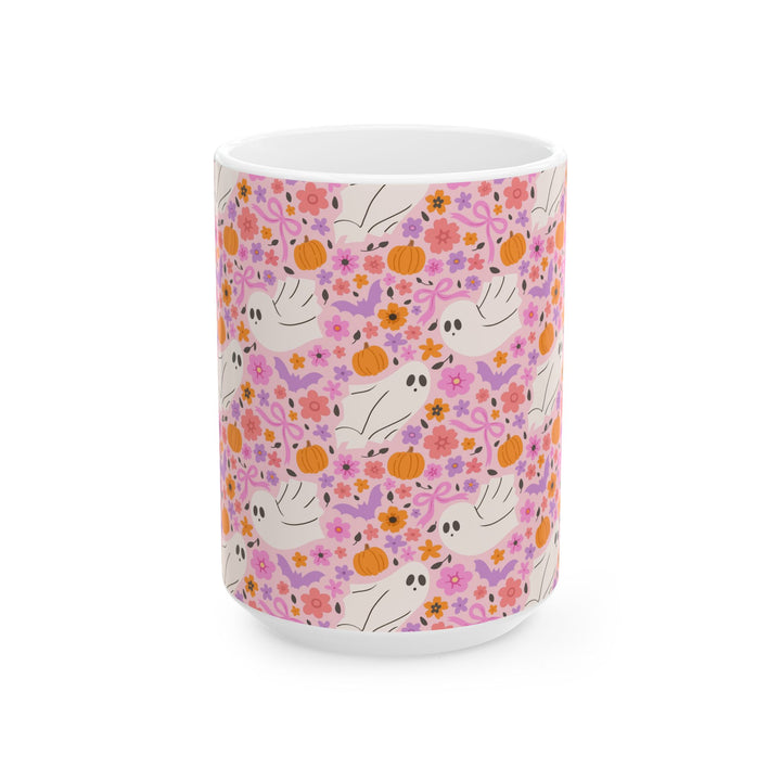 Pink Floral Ghost Ceramic Mug, Cute Halloween Pumpkin Coffee Cup, Pastel Spooky Gift, 11oz and 15oz