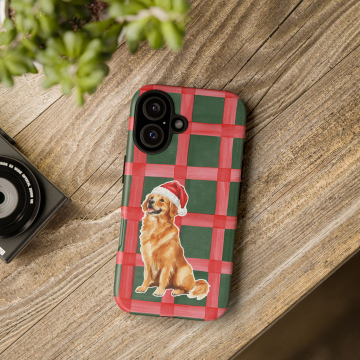 Golden Retriever Christmas Tough iPhone Case, Red Green Plaid, Santa Dog Phone Cover