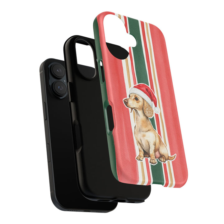 Dachshund Christmas Tough iPhone Case, Classic Red Green Stripes, Santa Dog Phone Cover