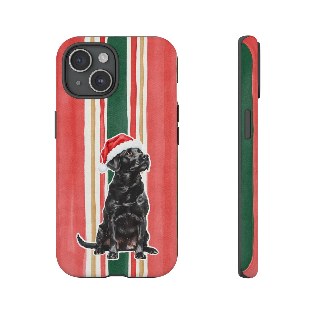 Black Labrador Christmas Tough iPhone Case, Classic Red Green Stripes, Santa Dog Phone Cover