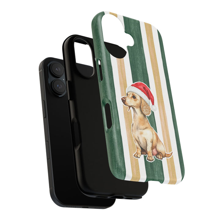 Dachshund Christmas Tough iPhone Case, Green Gold Stripes, Santa Dog Phone Cover