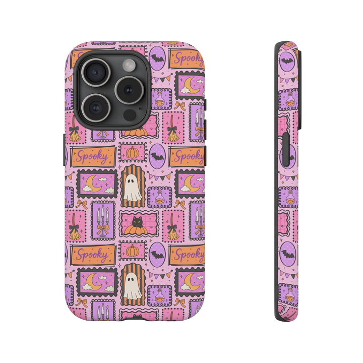 Pink Spooky Frames Tough iPhone Case, Halloween Ghost Black Cat Pumpkin Phone Cover, Matte or Glossy