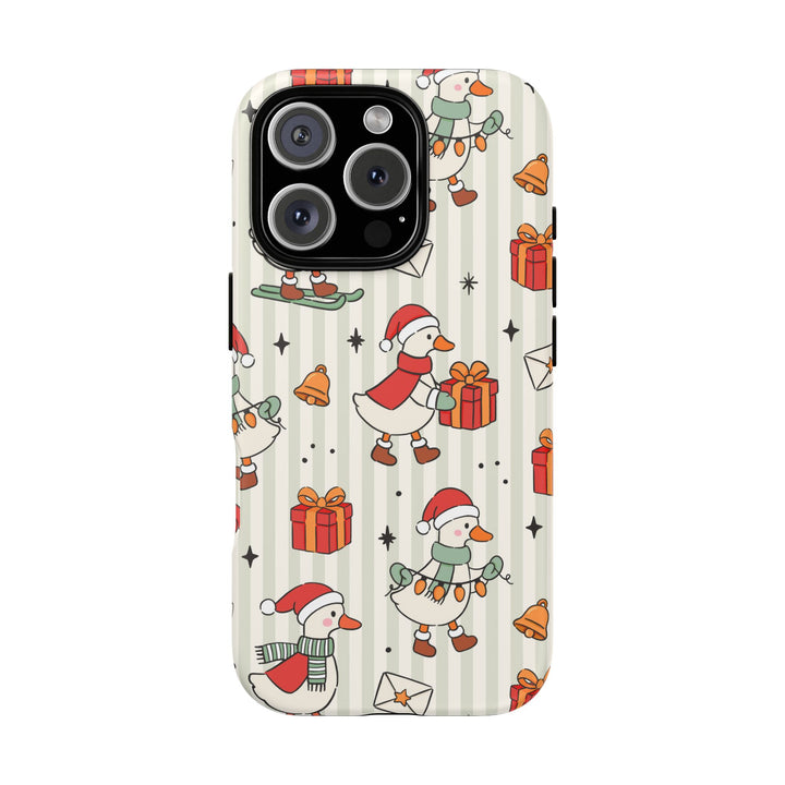 Christmas Goose Tough iPhone Case, Cute Holiday Geese Green Stripe Phone Cover, Matte or Glossy