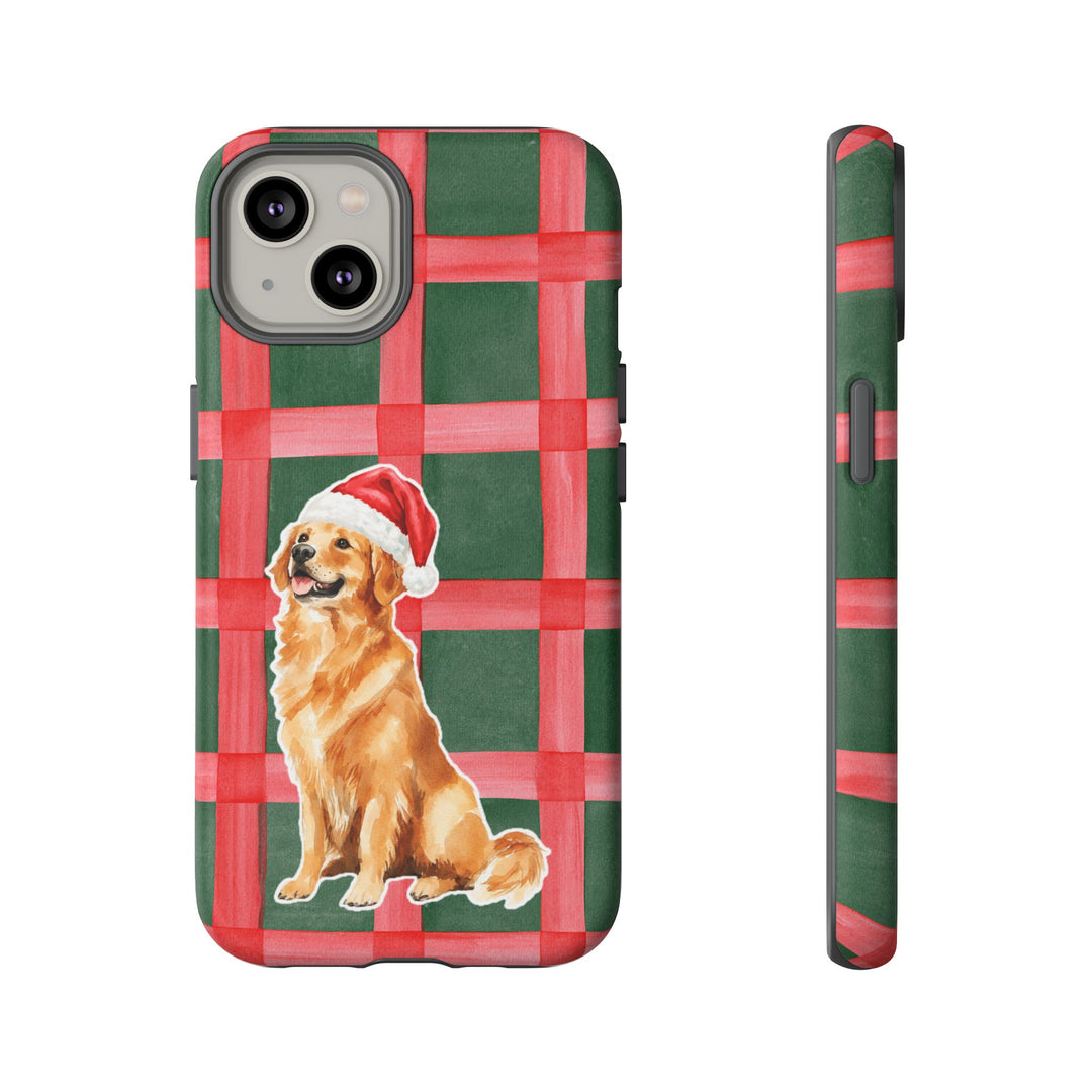 Golden Retriever Christmas Tough iPhone Case, Red Green Plaid, Santa Dog Phone Cover