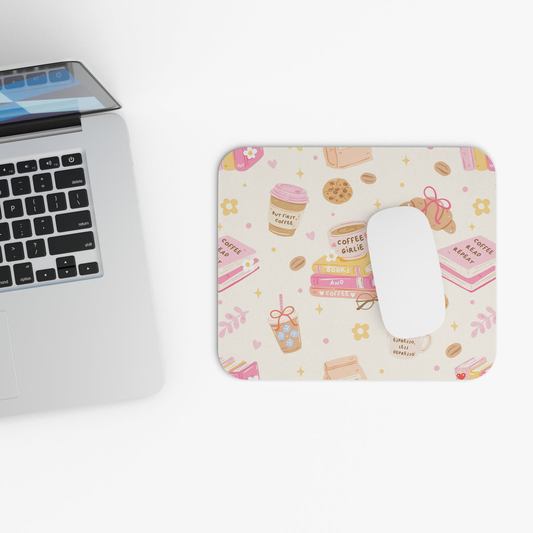 Coffee and Books Mouse Pad, Pastel Pink Bookish Desk Decor, 9x8 Inch, Coffee Lover Gift