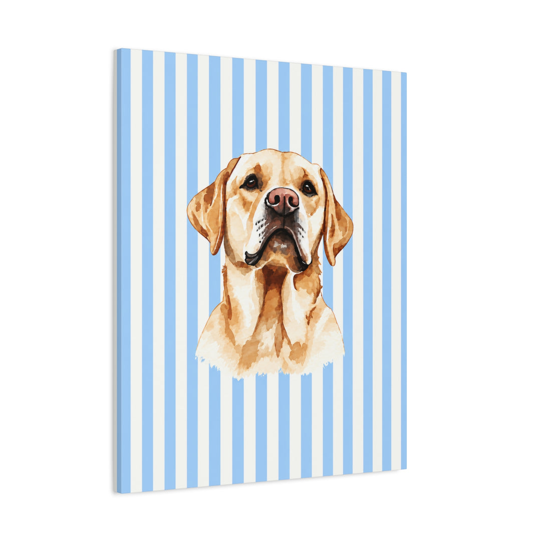 Yellow Lab Canvas Wall Art, Blue Stripe Labrador Stretched Canvas, Lab Mom Gift