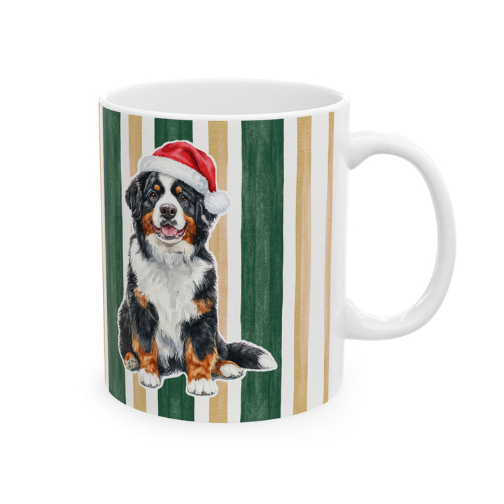 Bernese Mountain Dog Christmas Mug, Green Gold Stripes, 11oz White Ceramic
