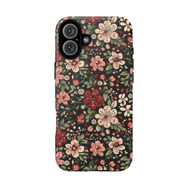 Retro Christmas Floral Tough iPhone Case, Dark Botanical Pink Red Flower Phone Cover, Matte or Glossy
