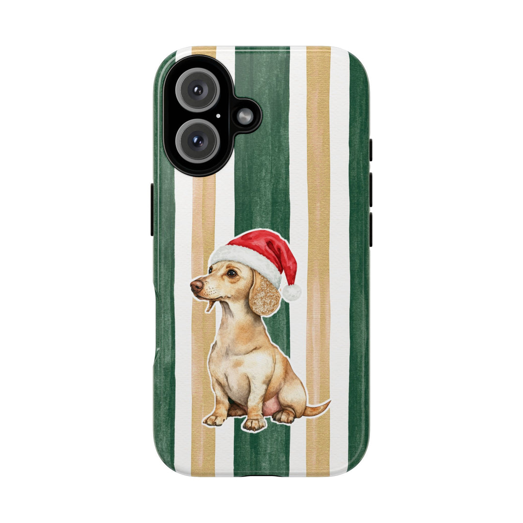 Dachshund Christmas Tough iPhone Case, Green Gold Stripes, Santa Dog Phone Cover