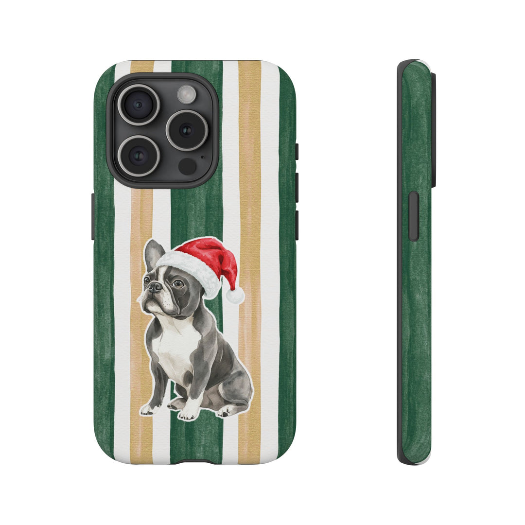 French Bulldog Christmas Tough iPhone Case, Green Gold Stripes, Santa Dog Phone Cover