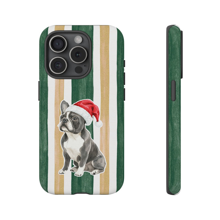 French Bulldog Christmas Tough iPhone Case, Green Gold Stripes, Santa Dog Phone Cover
