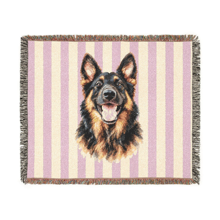 Custom Watercolor Dog Woven Blanket, Light Pink Cream Stripes, Personalized Pet Photo Cotton Throw, 60 x 50