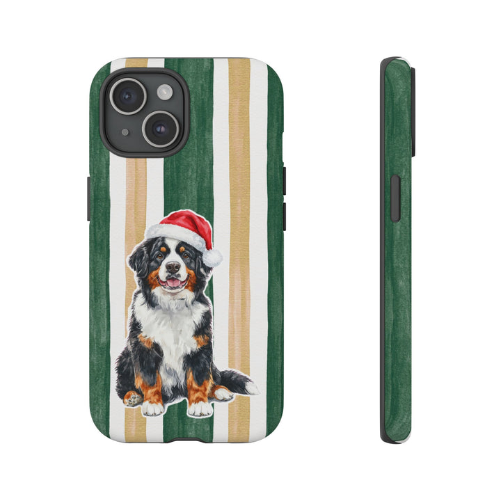 Bernese Mountain Dog Christmas Tough iPhone Case, Green Gold Stripes, Santa Dog Phone Cover