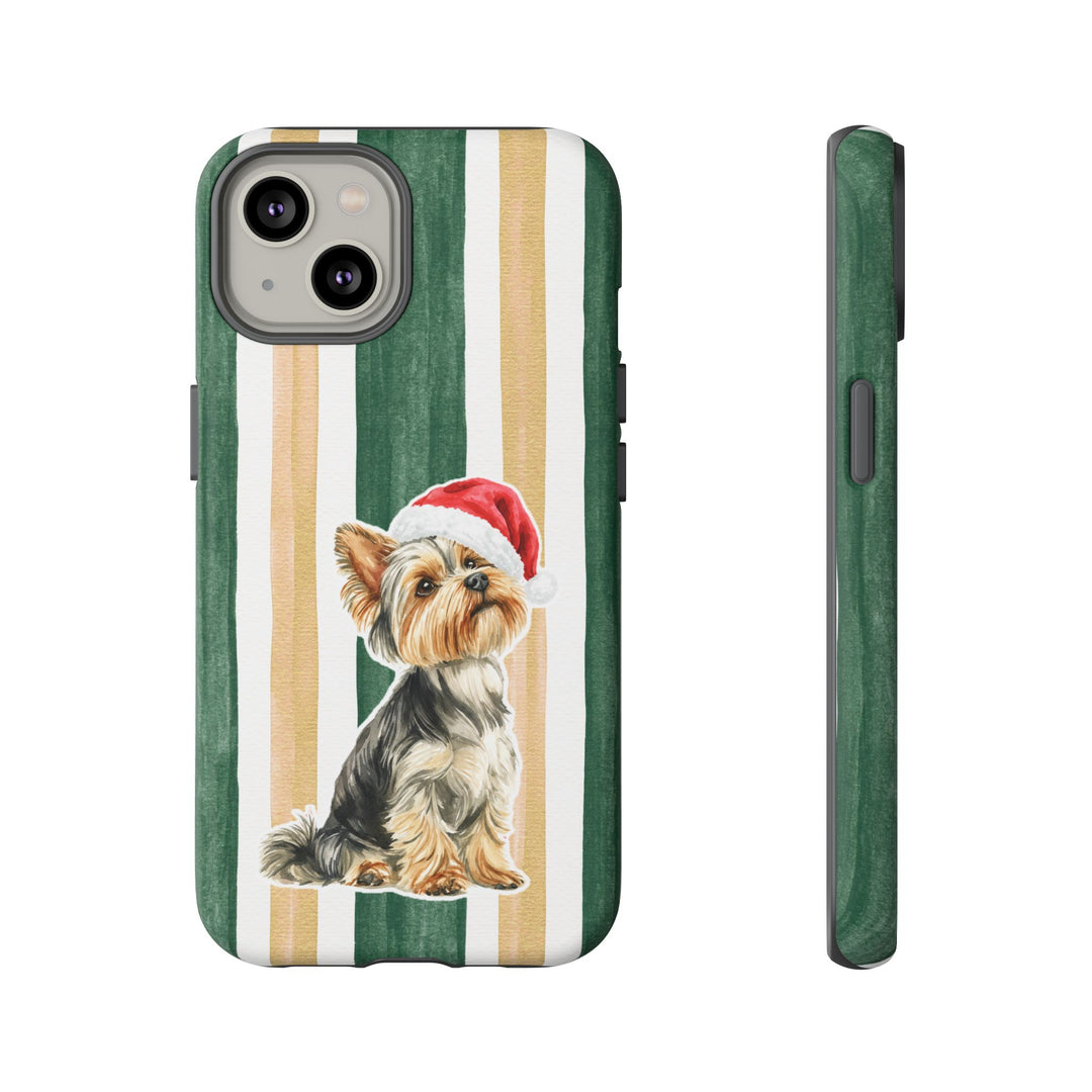Yorkshire Terrier Christmas Tough iPhone Case, Green Gold Stripes, Santa Dog Phone Cover