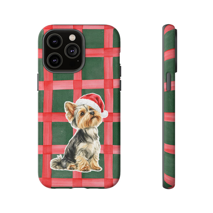 Yorkshire Terrier Christmas Tough iPhone Case, Red Green Plaid, Santa Dog Phone Cover