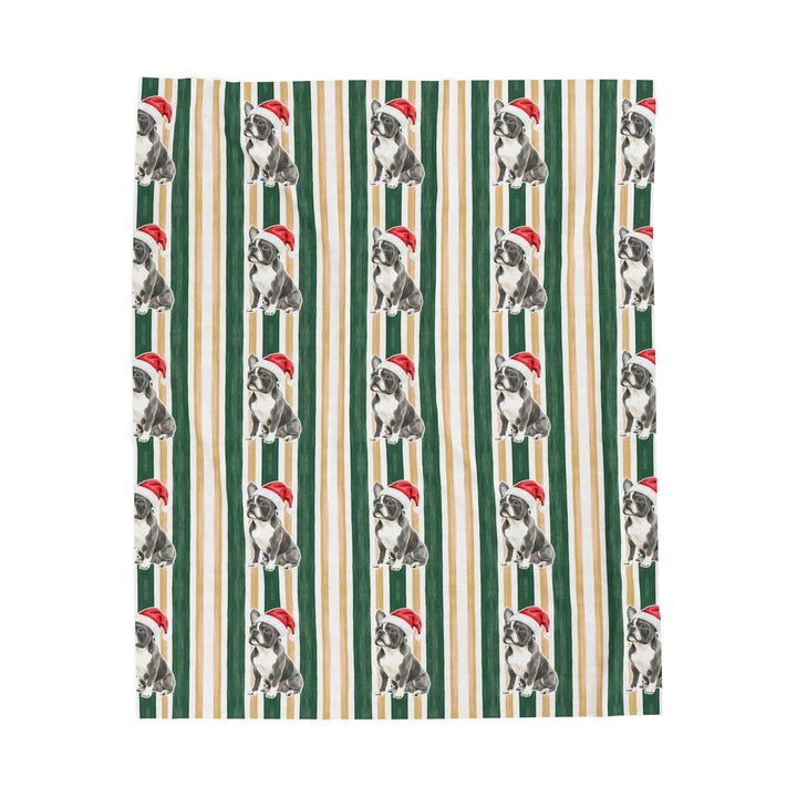 French Bulldog Christmas Velveteen Plush Blanket, Green Gold Stripes, Santa Dog Throw