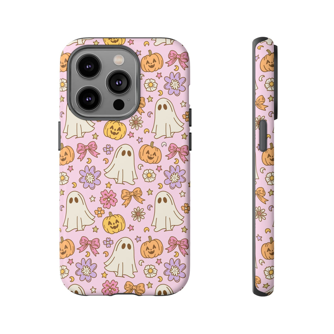 Vintage Ghost Floral Tough iPhone Case, Pink Halloween Pumpkin Bow Phone Cover, Matte or Glossy