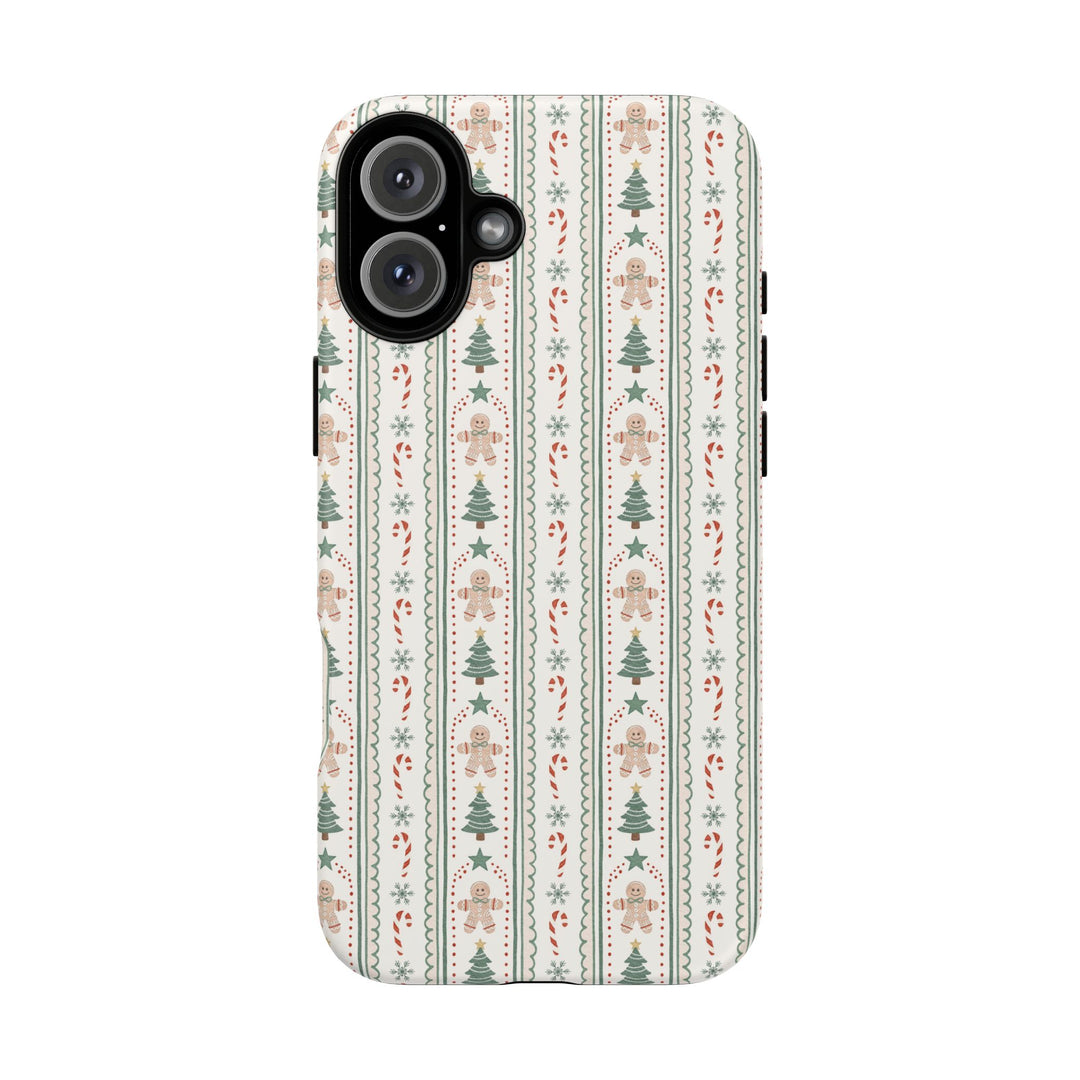 Gingerbread Stripe Tough iPhone Case, Sage Green Christmas Tree Holiday Phone Cover, Matte or Glossy